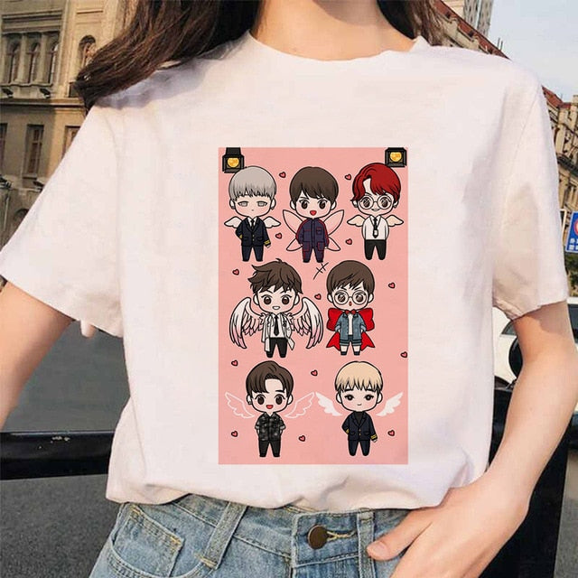 Summer 2020 new women's tee cartoon Bulletproof Boys BTS Style DIY Doll Adorable Korean-style Casual Slim Fit Crew neck T-shirt